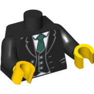 Visuel indicatif Rebrickable de Torse, veste et gilet avec boutons et chemise blanche et motif imprimé cravate verte, bras noirs, mains jaunes (Torso, Jacket and Vest with Buttons and White Shirt and Green Tie Print, Black Arms, Yellow Hands)