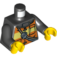 Visuel indicatif Rebrickable de Torse, Veste coupe-feu avec gilet à rayures réfléchissantes avec poches, Badge radio / feu sur motif imprimé dos, bras noirs, mains jaunes (Torso, Fire Jacket with Reflective Striped Vest with Pockets, Radio / Fire Badge on Back Print, Black Arms, Yellow Hands)