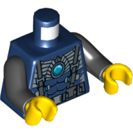 Visuel indicatif Rebrickable de Torse, poitrine nue avec muscles, bretelles, ceinture et armure argentée avec motif imprimé bijou rond bleu (chi), bras noirs, mains jaunes (Torso, Bare Chest with Muscles, Suspenders, Belt and Silver Armor with Blue Round Jewel (Chi) Print, Black Arms, Yellow Hands)