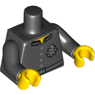 Visuel indicatif Rebrickable de Torse, Veste de police avec '1337' sur le col, Badge 'JCF' argenté, 4 boutons et motif imprimé ceinture, bras noirs, mains jaunes (Torso, Police Jacket with '1337' on Collar, Silver 'JCF' Badge, 4 Buttons and Belt Print, Black Arms, Yellow Hands)