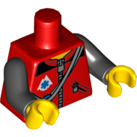 Visuel indicatif Rebrickable de Torse, veste avec fermeture à glissière, cordes, mousquetons bleus et emt étoile de la vie motif imprimé, bras noirs, mains jaunes (Torso, Jacket with Zipper, Ropes, Blue Carabiners and EMT Star of Life Print, Black Arms, Yellow Hands)