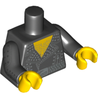 Torse, Veste en cuir avec argent tenons et boucle, Poitrine poilue motif imprimé, Bras noirs avec motif imprimé argent tenons, mains jaunes (Torso, Leather Jacket with Silver Studs and Buckle, Hairy Chest Print, Black Arms with Silver Studs Print, Yellow Hands)