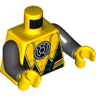 Visuel indicatif Rebrickable de Torse, costume dentelé avec contour de muscles et motif imprimé logo Sinestro blanc, bras noirs, mains jaunes (Torso, Suit Serrated with Muscles Outline and White Sinestro Logo Print, Black Arms, Yellow Hands)