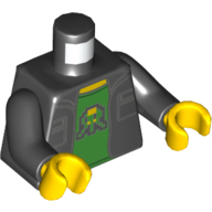 Visuel indicatif Rebrickable de Torse, Veste avec deux poches sur T-chemise vert vif avec motif imprimé Shooter 8 bits, bras noirs, mains jaunes (Torso, Jacket with Two Pockets over Bright Green T-Shirt with 8-Bit Shooter Print, Black Arms, Yellow Hands)