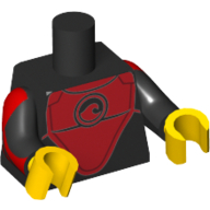 Visuel indicatif Rebrickable de Torse, combinaison avec logo vague rouge motif imprimé (Surfer), bras noirs avec des panneaux rouges motif imprimé, mains jaunes (Torso, Wetsuit with Red Wave Logo Print (Surfer), Black Arms with Red Panels Print, Yellow Hands)