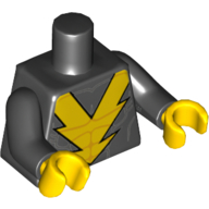 Visuel indicatif Rebrickable de Torse, muscles, inscription "V", motif imprimé foudre jaune, bras noirs, mains jaunes (Torso, Muscles, "V", Yellow Lightning Print, Black Arms, Yellow Hands)