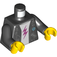 Visuel indicatif Rebrickable de Torse, veste en cuir, ouvert sur un sous-vêtement blanc avec motif imprimé éclair magenta, bras noirs, mains jaunes (Torso, Leather Jacket, Open over White Undershirt with Magenta Lightning Bolt Print, Black Arms, Yellow Hands)
