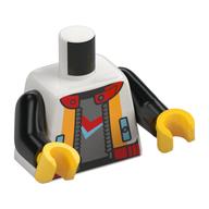 Visuel indicatif Rebrickable de Torse, veste, garniture orange, col rouge, fermeture à glissière, chemise gris bleuté foncé, motif imprimé symbole moyen Azur et rouge, bras noirs, mains jaunes (Torso, Jacket, Orange Trim, Red Collar, Zipper, Dark Bluish Grey Shirt, Medium Azure and Red Symbol Print, Black Arms, Yellow Hands)