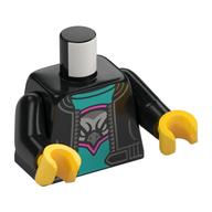 Torse, Veste en cuir, chemise turquoise foncé, Oiseau argenté, Motif imprimé bordure magenta, bras noirs, mains jaunes (Torso, Leather Jacket, Dark Turquoise Shirt, Silver Bird, Magenta Border Print, Black Arms, Yellow Hands)
