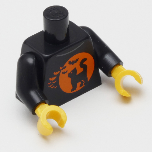 Visuel indicatif Rebrickable de Torse, chemise Halloween avec cercle orange, chat noir, motif imprimé chauve-souris, bras noirs, mains jaunes (Torso, Halloween Shirt with Orange Circle, Black Cat, Bats Print, Black Arms, Yellow Hands)