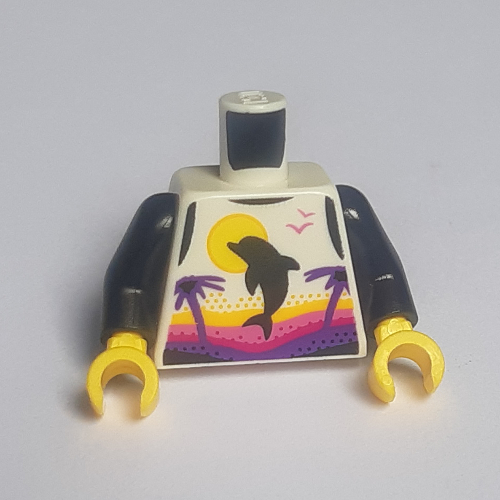 Torse, débardeur avec dauphin, palmiers et soleil, avec motif imprimé Magenta, rose foncé et violet foncé coucher de soleil, bras noirs, mains jaunes (Torso, Tank Top with Dolphin, Palm Trees, and Sun, with Magenta, Dark Pink, and Dark Purple Sunset Print, Black Arms, Yellow Hands)