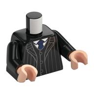 Visuel indicatif Rebrickable de Torse, Costume rayé gris clair, Veste, Cravate bleu foncé, Chemise blanche motif imprimé, bras noirs, mains nougat clair (Torso, Light Bluish Grey Striped Suit, Jacket, Dark Blue Tie, White Shirt Print, Black Arms, Light Nougat Hands)