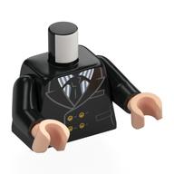 Torse, Costume, Veste, Cravate noire, Blanc/gris foncé Chemise rayée motif imprimé, bras noirs, mains nougat clair (Torso, Suit, Jacket, Black Tie, White/Dark Bluish Grey Striped Shirt Print, Black Arms, Light Nougat Hands)