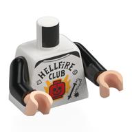 Torse, Noir 'HELLFIRE CLUB', Rouge tête de minifigurine, Motif imprimé Flammes Orange, bras noirs, mains nougat clair (Torso, Black 'HELLFIRE CLUB', Red Minifig Head, Orange Flames Print, Black Arms, Light Nougat Hands)