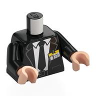 Visuel indicatif Rebrickable de Torse, costume avec poches, chemise blanche avec col, cravate noire et badge d'identité imprimé, bras noirs, mains nougat clair (Torso, Suit with Pockets, White Shirt with Collar, Black Tie and ID Badge Print, Black Arms, Light Nougat Hands)