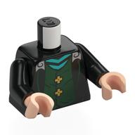 Visuel indicatif Rebrickable de Torse, manteau, col gris bleuté clair, gilet vert foncé, motif imprimé boutons or, bras noirs, mains nougat clair (Torso, Coat, Light Bluish Grey Collar, Dark Green Vest, Gold Buttons Print, Black Arms, Light Nougat Hands)