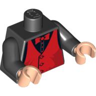Visuel indicatif Rebrickable de Torse, motif : gilet rouge et nœud papillon, bras noirs, mains nougat clair (Torso, Red Vest and Bow Tie Print, Black Arms, Light Nougat Hands)