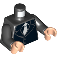 Visuel indicatif Rebrickable de Torse, Veste de costume avec motif imprimé cravate blanche, bras noirs, mains nougat clair (Torso, Suit Jacket with White Tie Print, Black Arms, Light Nougat Hands)