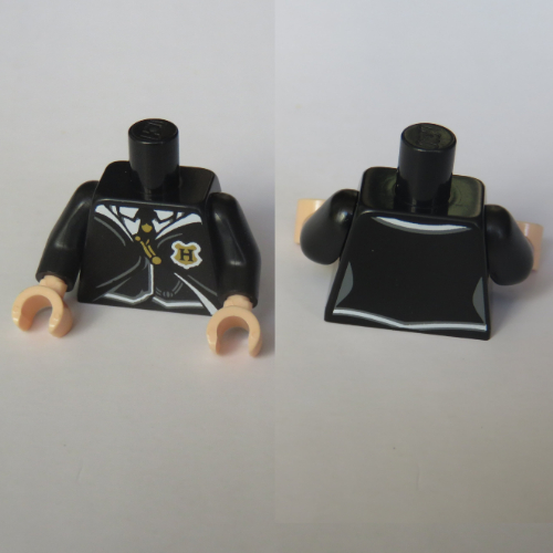 Visuel indicatif Rebrickable de Torse, costume et cravate avec motif imprimé de crête de Poudlard, bras noirs, mains nougat clair (Torso, Suit and Tie with Hogwarts Crest Print, Black Arms, Light Nougat Hands)