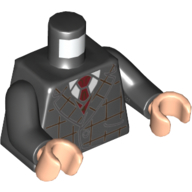 Torse, veste de costume, avec rayures rouges carrées, cravate rouge foncé, chemise blanche motif imprimé, bras noirs, mains nougat clair (Torso, Suit Jacket, with Red Square Striping, Dark Red Tie, White Shirt Print, Black Arms, Light Nougat Hands)