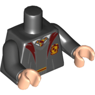 Visuel indicatif Rebrickable de Torse, robe sur chandail, cravate rouge foncé et orange pâle et détails et motif imprimé crête gryffondor, bras noirs, mains nougat clair (Torso, Robe over Sweater, Dark Red and Blight Light Orange Tie and Details and Gryffindor Crest Print, Black Arms, Light Nougat Hands)