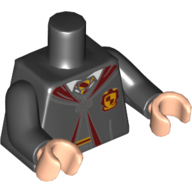 Visuel indicatif Rebrickable de Torse, robe serrée sur un pull gris bleuté foncé, cravate et détails orange clair rouge foncé et lumineux, et motif imprimé crête gryffondor, bras noirs, mains nougat clair (Torso, Robe Clasped over Dark Bluish Gray Sweater, Dark Red and Bright Light Orange Tie and Details, and Gryffindor Crest Print, Black Arms, Light Nougat Hands)