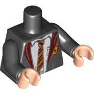 Visuel indicatif Rebrickable de Torse, robe ouverte sur chemise blanche, cravate et détails rouge foncé et orange clair vif, et motif imprimé crête gryffondor, bras noirs, mains nougat clair (Torso, Open Robe over White Shirt, Dark Red and Bright Light Orange Tie and Details, and Gryffindor Crest Print, Black Arms, Light Nougat Hands)