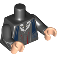 Visuel indicatif Rebrickable de Torse, veste de costume, gilet et cravate, garniture rouge, motif imprimé écharpe bleu foncé, bras noirs avec motif imprimé lignes blanches, mains de nougat clair (Torso, Suit Jacket, Vest and Tie, Red Trim, Dark Blue Scarf Print, Black Arms with White Lines Print, Light Nougat Hands)