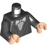 Visuel indicatif Rebrickable de Torse, smoking, chemise blanche, noeud papillon blanc imprimé, bras noirs, mains nougat clair (Torso, Tuxedo, White Shirt, White Bow Tie Print, Black Arms, Light Nougat Hands)