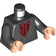 Visuel indicatif Rebrickable de Torse, veste, ouvert sur gilet, chemise rouge foncé et cravate motif imprimé, bras noirs, mains nougat clair (Torso, Jacket, Open over Vest, Dark Red Shirt and Tie Print, Black Arms, Light Nougat Hands)