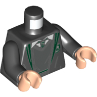 Visuel indicatif Rebrickable de Torse, robe avec bord vert foncé et Serpentard emblème, ouvert sur un pull à col en V, chemise blanche et motif imprimé cravate rayée vert foncé, bras noirs, mains nougat clair (Torso, Robe with Dark Green Trim and Slytherin Crest, Open over V-Necked Sweater, White Shirt, and Dark Green Striped Tie Print, Black Arms, Light Nougat Hands)