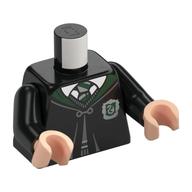 Visuel indicatif Rebrickable de Torse, robe fermée avec bordure vert foncé et blason de Serpentard sur pull, motif imprimé cravate rayée vert foncé, bras noirs, mains nougat clair (Torso, Robe Clasped with Dark Green Trim and Slytherin Crest over Sweater, Dark Green Striped Tie Print, Black Arms, Light Nougat Hands)