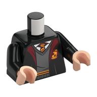 Visuel indicatif Rebrickable de Torse, robes avec col rouge foncé, pull ouvert avec motif imprimé crête gryffondor, bras noirs, mains nougat clair (Torso, Robes with Dark Red Collar, Open over Sweater with Gryffindor Crest Print, Black Arms, Light Nougat Hands)