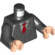 Visuel indicatif Rebrickable de Torse, Veste, Badge 'M', Chemise à rayures blanches, Motif imprimé cravate rouge, bras noirs, mains nougat clair (Torso, Jacket, 'M' Badge, White Striped Shirt, Red Tie Print, Black Arms, Light Nougat Hands)