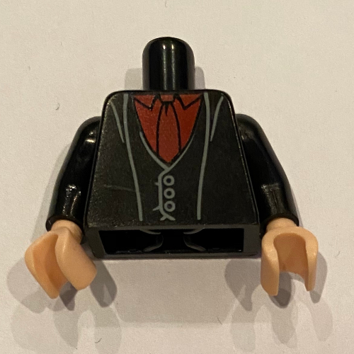 Visuel indicatif Rebrickable de Torse, Veste, Chemise rouge foncé, Motif imprimé cravate, bras noirs, mains nougat clair (Torso, Jacket, Dark Red Shirt, Tie Print, Black Arms, Light Nougat Hands)