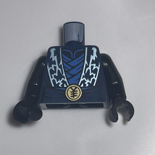 Visuel indicatif Rebrickable de Torse, ninja robe, métal or éclairs, tunique bleue, ceinture, boucle de ceinture or motif imprimé, bras et mains noirs (Torso, Ninja Robe, Metal Gold Lightning Bolts, Blue Tunic, Sash, Gold Belt Buckle Print, Black Arms and Hands)