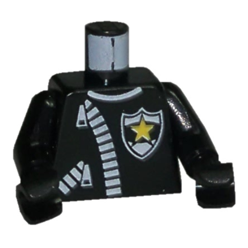 Torse, veste en cuir, fermeture à glissière, jaune Star Police Badge motif imprimé, bras et mains noirs (Torso, Leather Jacket, Zipper, Yellow Star Police Badge Print, Black Arms and Hands)