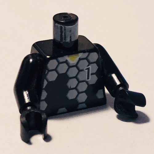 Visuel indicatif Rebrickable de Torse, Football Gardien de but gris hexagones et motif imprimé '1', bras et mains noirs (Torso, Soccer Goalie Gray Hexagons and '1' Print, Black Arms and Hands)