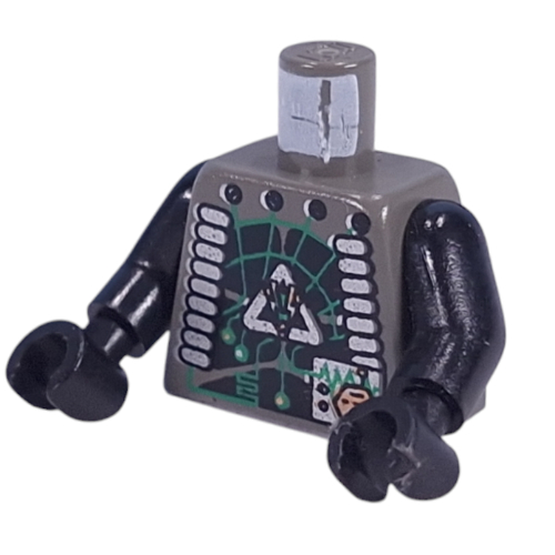 Visuel indicatif Rebrickable de Torse, insectoïdes circuit vert, tuyau d'argent sur les côtés motif imprimé, bras et mains noirs (Torso, Insectoids Green Circuitry, Silver Hose on Sides Print, Black Arms and Hands)