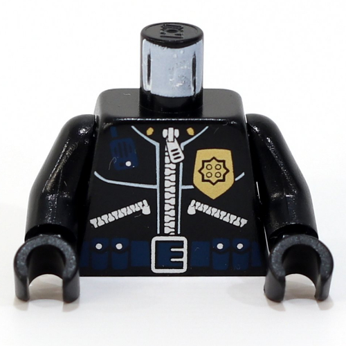 Visuel indicatif Rebrickable de Torse, veste en cuir de police, badge d'or, radio, ceinture de munitions / 'Police' sur motif imprimé dos, bras et mains noirs (Torso, Police Leather Jacket, Gold Badge, Radio, Ammo Belt / 'Police' on Back Print, Black Arms and Hands)
