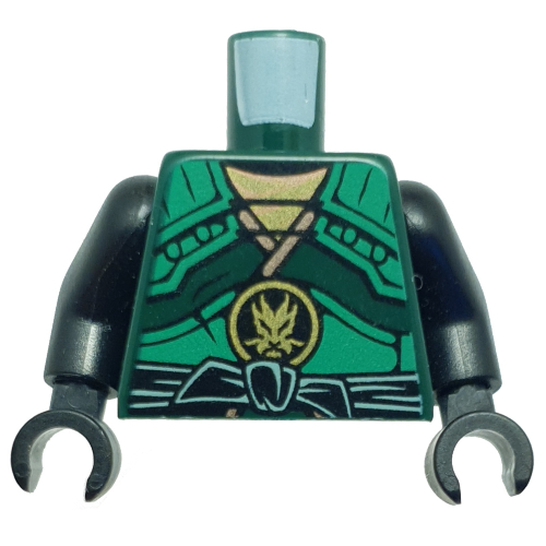 Torse, armure avec sangles vertes et ceinture noire avec motif imprimé emblème dragon doré, bras et mains noirs (Torso, Armor with Green Straps and Black Sash with Golden Dragon Emblem Print, Black Arms and Hands)