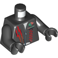 Torse, veste en cuir avec fermeture à glissière, lignes rouges et à carreaux, imprimé de logo Octan délavé, bras et mains noirs (Torso, Leather Jacket with Zipper, Red Lines and Checks, Faded Octan Logo Print, Black Arms and Hands)