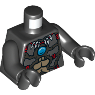 Torse, armure, muscles, collier osseux, emblème de crâne ailé rouge et bijou rond bleu (Chi) motif imprimé, bras et mains noirs (Torso, Armor, Muscles, Bone Necklace, Red Winged Skull Emblem and Blue Round Jewel (Chi) Print, Black Arms and Hands)