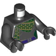 Visuel indicatif Rebrickable de Torse, corps avec écharpe jaune et vert foncé, motif : ceinture pourpre foncé, bras et mains noirs (Torso, Bodysuit with Yellow and Dark Green Scarf, Dark Purple Belt Print, Black Arms and Hands)
