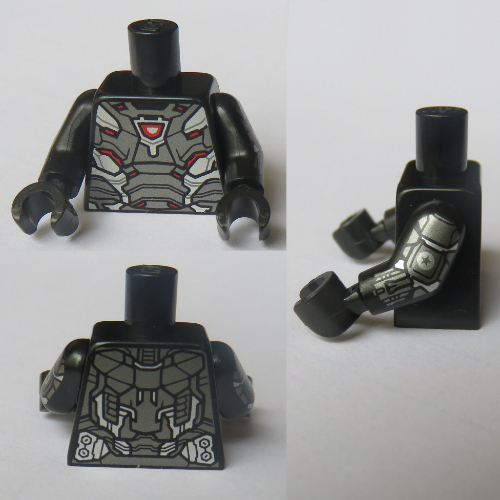 Torse, armure, rouge, plaques d'argent avec des détails rouge foncé, modèle imprimé de réacteur en arc rouge et blanc (War Machine), motif : bras et mains noirs avec armure (Torso, Armor, Red, Silver Plates with Dark Red Detailing, Red and White Arc Reactor Print (War Machine), Black Arms and Hands with Armor Print)