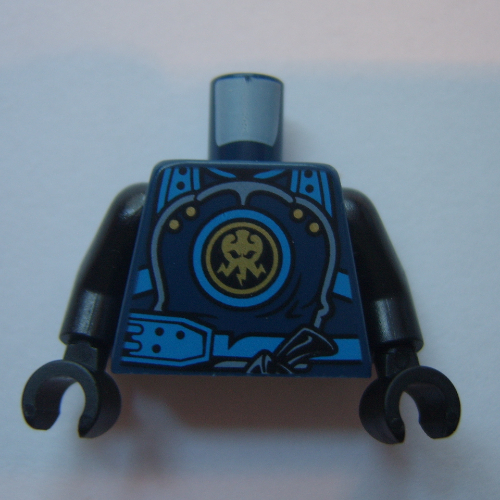 Visuel indicatif Rebrickable de Torse, armure avec sangles bleues et ceinture utilitaire avec emblème imprimé de puissance de la foudre, bras et mains noirs (Torso, Armor with Blue Straps and Utility Belt with Lightning Power Emblem Print, Black Arms and Hands)