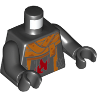 Visuel indicatif Rebrickable de Torse, écharpe orange, emblème de flamme rouge avec motif imprimé orange carré, bras et mains noirs (Torso, Orange Wrap Scarf, Red Flame Emblem with Orange Square Print, Black Arms and Hands)