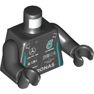 Visuel indicatif Rebrickable de Torse, Veste de course, Logo Mercedes, inscription 'PETRONAS', Motif imprimé Puma Logo, bras et mains noirs (Torso, Racing Jacket, Mercedes Logo, 'PETRONAS', Puma Logo Print, Black Arms and Hands)
