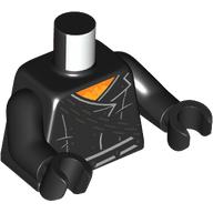Visuel indicatif Rebrickable de Torse, veste, garniture blanche, poitrine orange clair lumineux, perle gris foncé chaîne motif imprimé, bras et mains noirs (Torso, Jacket, White Trim, Bright Light Orange Chest, Pearl Dark Grey Chain Print, Black Arms and Hands)