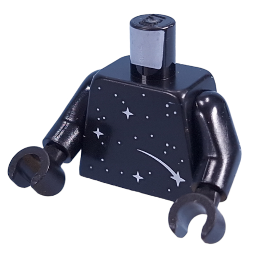 Visuel indicatif Rebrickable de Torse, étoiles argentées, terre et lune sur motif imprimé dos, bras et mains noirs (Torso, Silver Stars, Earth and Moon on Back Print, Black Arms and Hands)